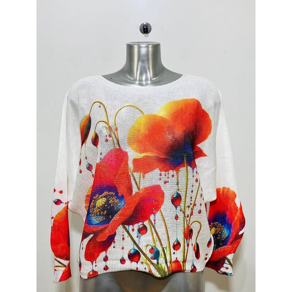 CCOQ W Loowie White Poppy Red Floral Round Knit Printed Sweater One Size
